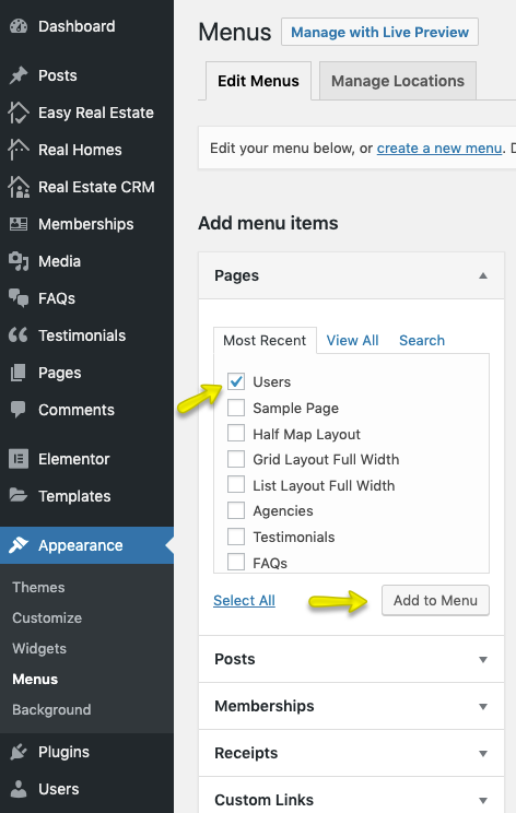 Add User Page Menu