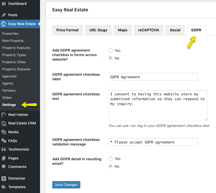 RealHomes Documentation - GDPR Settings