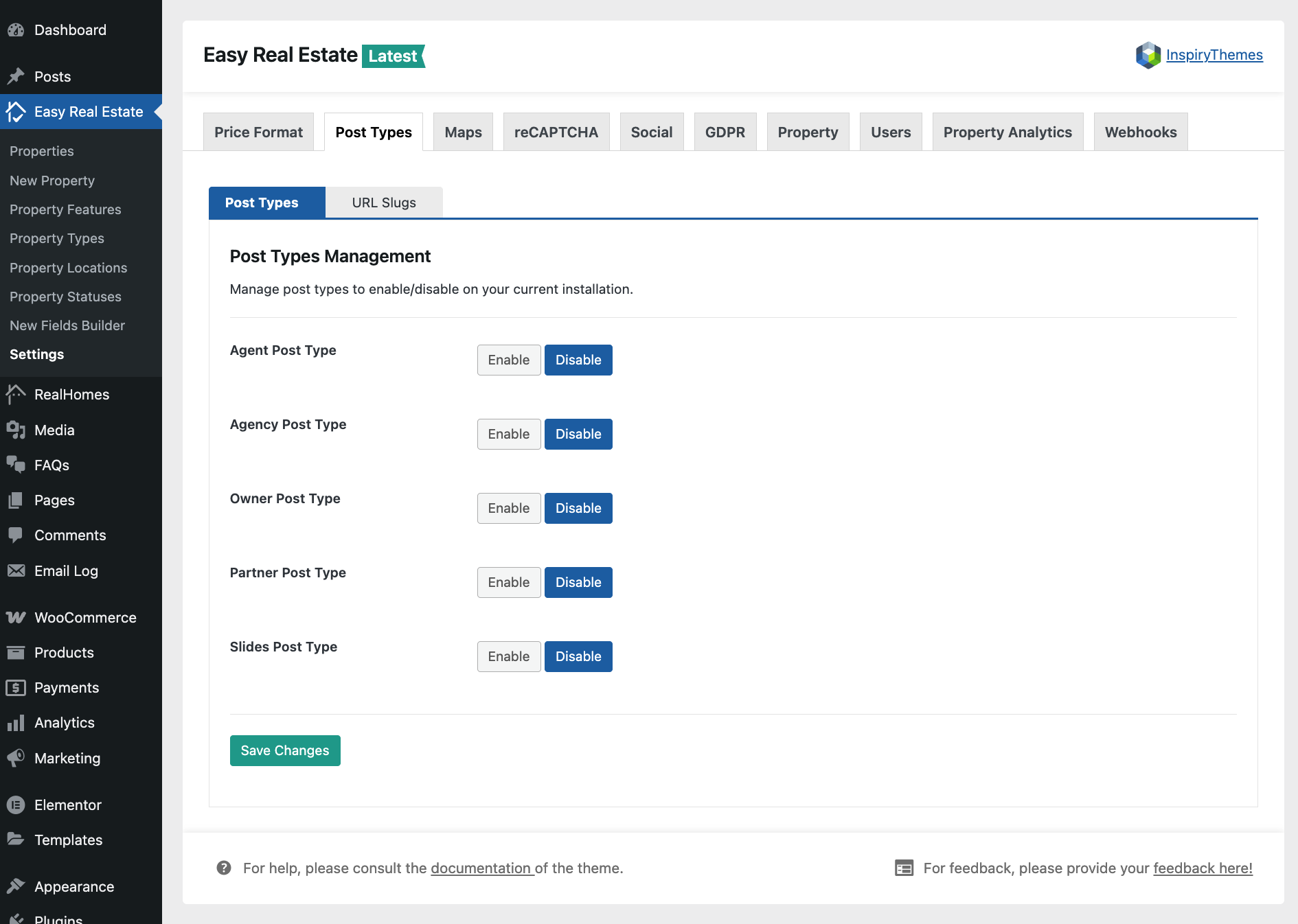 Post Types Management in RealHomes v4.3.9